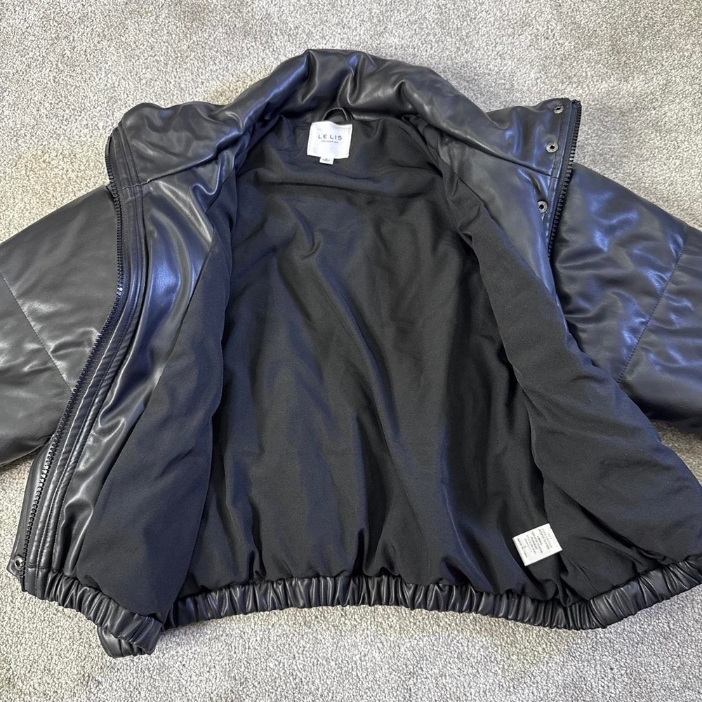 LE Lis Collection Black Faux Leather Puffer Jacket Small Quilted Coat - Picture 6 of 8